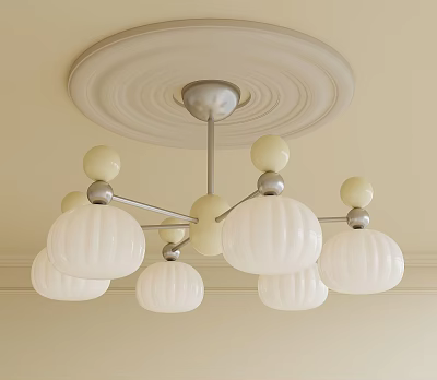 Modern Chandelier With White Glass Shades Cream Decorative Balls Branched Frame On Circular Ceiling Medallion 3d model