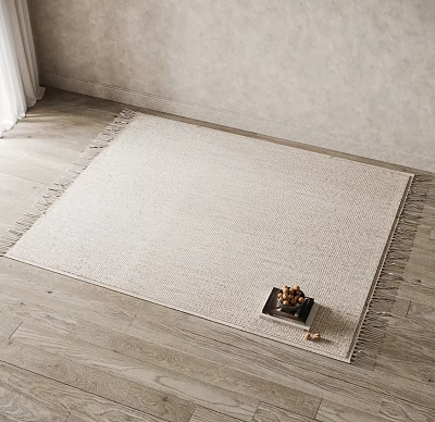 Square Woven Beige Rug With Tassel Edges And Small Tray Of Nuts On Wooden Floor 3d model