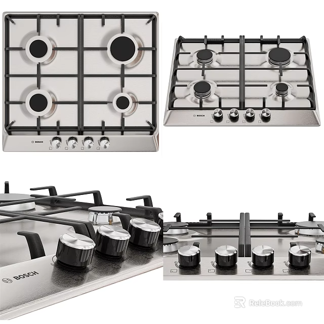 Stainless Steel Kitchen Gas Stoves With Multiple Burners And Control Knobs 3d model