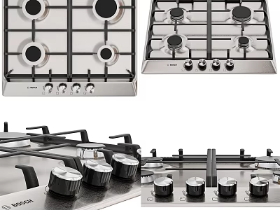 Stainless Steel Kitchen Gas Stoves With Multiple Burners And Control Knobs 3d model