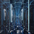 Modern Tech Style KTV Lobby With Blue Lighting Circular Screens Marble Floor Sofa Bar Counter