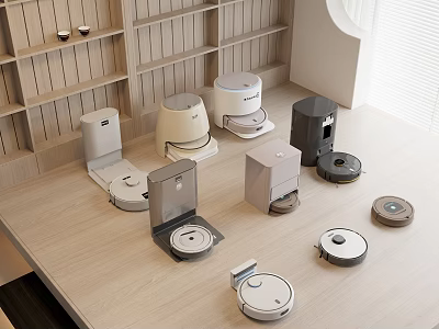 Smart Cleaning Devices Displayed On Wooden Table 3d model