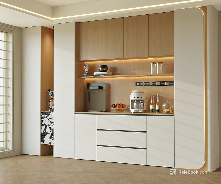 Modern Wine Cabinet Interior Design With Wooden White Cabinets LED Lighting Coffee Machine And Fruits 3d model 