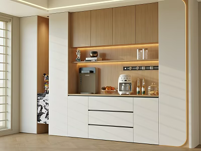 Modern Wine Cabinet Interior Design With Wooden White Cabinets LED Lighting Coffee Machine And Fruits 3d model