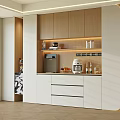Modern Wine Cabinet Interior Design With Wooden White Cabinets LED Lighting Coffee Machine And Fruits