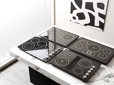 Multiple Black Electric Cooktops On Sleek Marble Kitchen Countertop In Modern Setting 3d model