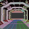 Cartoon Scene Of Space Capsule Interior With Metal Walls Seats And Large Screen Walkway