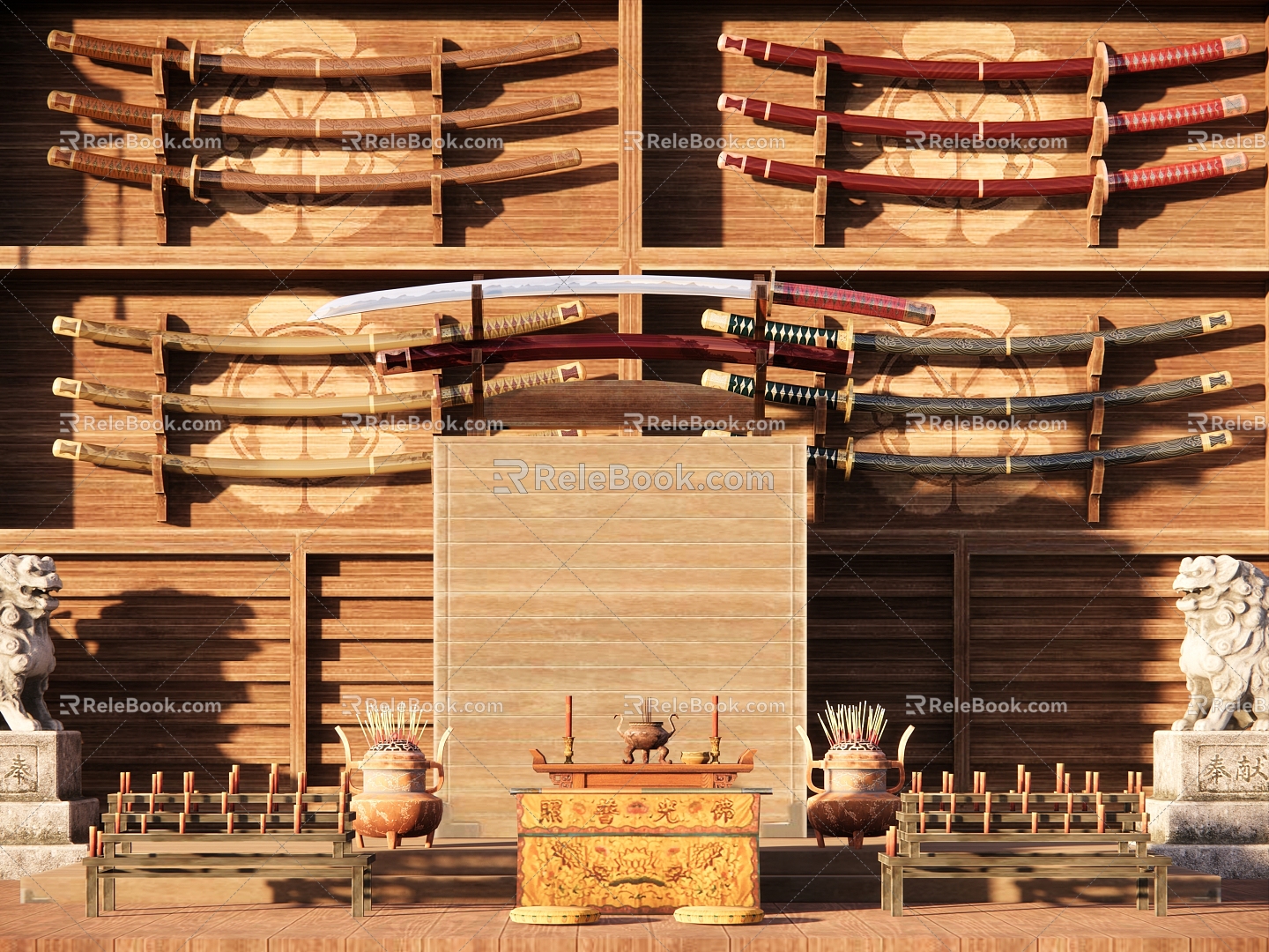 Japanese samurai sword weapon rack 3d model