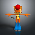 Cartoon Character With Red Hair Orange Body Blue Boots Backpack Outstretched Arms Holding Device