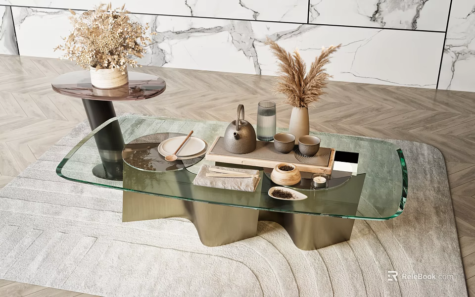 Modern Coffee Table with Glass Top Metal Base and Tea Set Tray Dried Flowers 3d model 