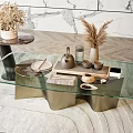 Modern Coffee Table with Glass Top Metal Base and Tea Set Tray Dried Flowers