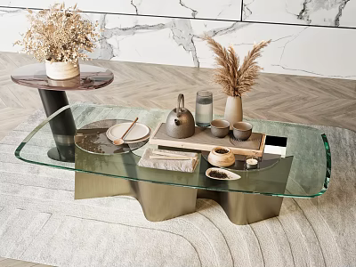 Modern Coffee Table with Glass Top Metal Base and Tea Set Tray Dried Flowers 3d model