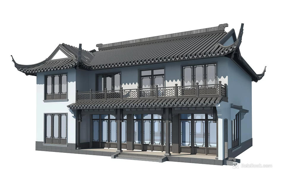 Traditional Chinese Style Single Family Villa With Sloped Roof Balcony And Double Story Windows 3d model 