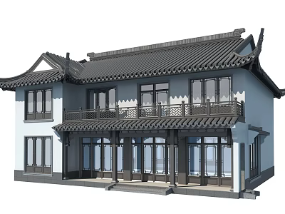Traditional Chinese Style Single Family Villa With Sloped Roof Balcony And Double Story Windows 3d model