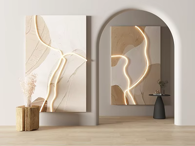 Abstract Paintings With Light Lines In Minimalist Interior With Wooden Stool And Plant 3d model