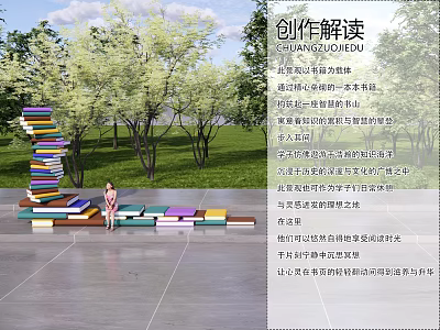 Campus Landscape Featuring Book Stacked Art Installation Lawn Trees And Colorful Seats With Students Reading 3d model