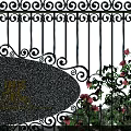Ornate Black Iron Fence With Intricate Scrollwork Lakeshore Plaque Red Flowers And Green Vines