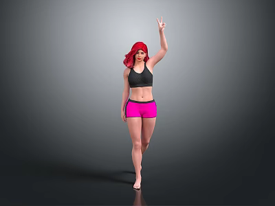 Woman With Red Hair Wearing Black Sports Bra And Pink Shorts Making Peace Sign 3d model