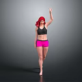 Woman With Red Hair Wearing Black Sports Bra And Pink Shorts Making Peace Sign