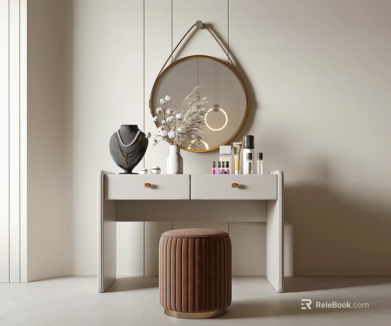 Modern White Dressing Table With Round Gold Frame Mirror Decorative Vases And Brown Striped Stool 3d model 