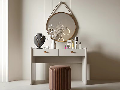Modern White Dressing Table With Round Gold Frame Mirror Decorative Vases And Brown Striped Stool 3d model
