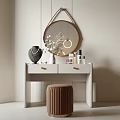 Modern White Dressing Table With Round Gold Frame Mirror Decorative Vases And Brown Striped Stool