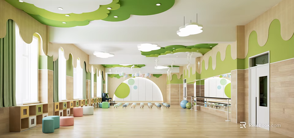 Indoor Kids Sports Fitness Space With Green Cloud Ceiling Mirrors And Colorful Fitness Balls 3d model 