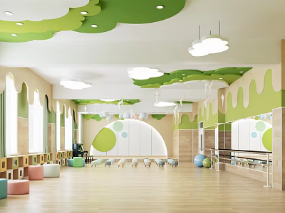 Indoor Kids Sports Fitness Space With Green Cloud Ceiling Mirrors And Colorful Fitness Balls 3d model