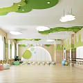 Indoor Kids Sports Fitness Space With Green Cloud Ceiling Mirrors And Colorful Fitness Balls