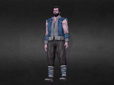Bearded Game Movie Character In Blue Sleeveless Vest And Dark Pants With Strapped Calves 3d model