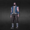 Bearded Game Movie Character In Blue Sleeveless Vest And Dark Pants With Strapped Calves