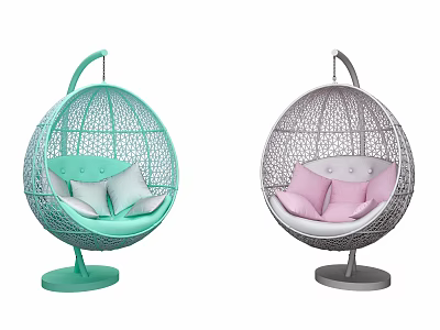 Modern Spherical Rattan Hanging Chairs in Light Green and Gray with Soft Cushions 3d model