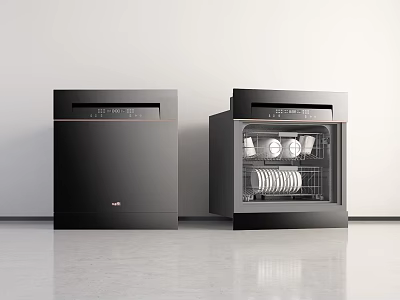 Sleek Modern Kitchen Appliances Showcasing Black Dishwashers With Open Door And Plates Inside 3d model