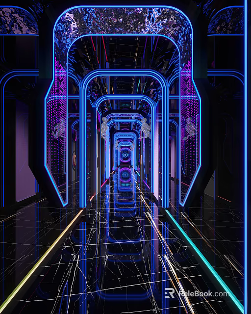 Futuristic KTV Corridor Design With Colorful Neon Lights And Reflective Floors 3d model 