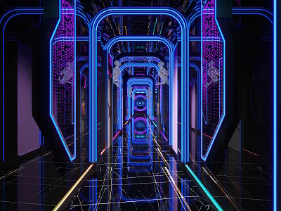 Futuristic KTV Corridor Design With Colorful Neon Lights And Reflective Floors 3d model