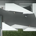 Modern Building Exterior With Glass Curtain Wall Outdoor Lawn Water Pool And Steps