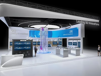 Modern ZTE Exhibition Booth Showcasing Leading 5G Innovations With Digital Screens And Interactive Displays 3d model