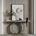 Modern Octagonal Console Table With Framed Artwork Dried Plants And Figurine On Striped Wall 3d model