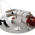 Modern White Sofa and Glass Coffee Table Set with Red Chair Floor Lamp and Rug