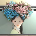 Vines Adorned with Blue and Pink Flowers Surrounding Classical Female Portrait Under Chinese Eaves
