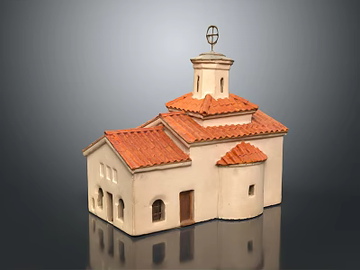 Cream Colored Chapel Building With Red Tiled Roof Arched Windows And Tower Ornamental Top 3d model