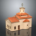 Cream Colored Chapel Building With Red Tiled Roof Arched Windows And Tower Ornamental Top