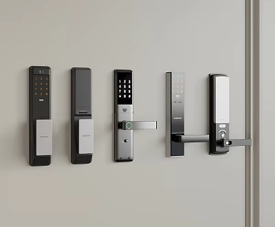 Modern Smart Locks With Digital Keypad And Sleek Handle Designs On Wall 3d model