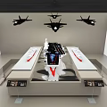 Military Aircraft Model Display with Hanging Jets and Information Panels in Modern Exhibition Hall