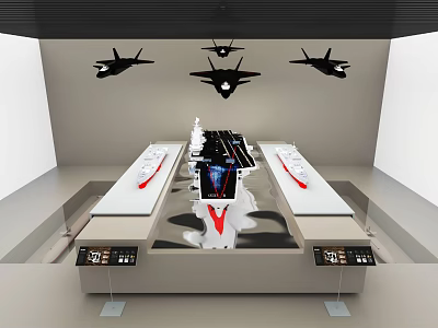 Military Aircraft Model Display with Hanging Jets and Information Panels in Modern Exhibition Hall 3d model
