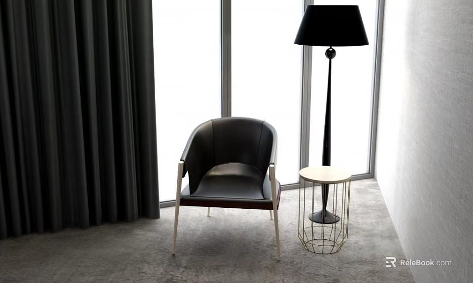 Modern Black Leather Accent Chair with Floor Lamp Side Table and Window Curtains 3d model 
