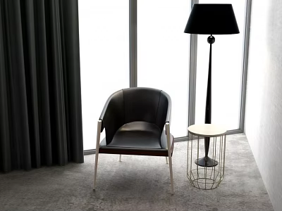 Modern Black Leather Accent Chair with Floor Lamp Side Table and Window Curtains 3d model