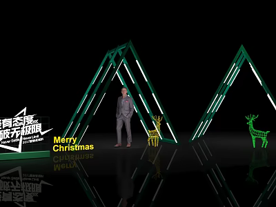 Christmas Themed Photo Spot With Green Triangular Structures Neon Lights And Deer Decorations 3d model
