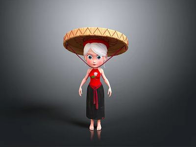 Cartoon Character Wearing Straw Hat Red Top Black Skirt And White Hair In Gray Background 3d model