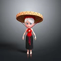 Cartoon Character Wearing Straw Hat Red Top Black Skirt And White Hair In Gray Background